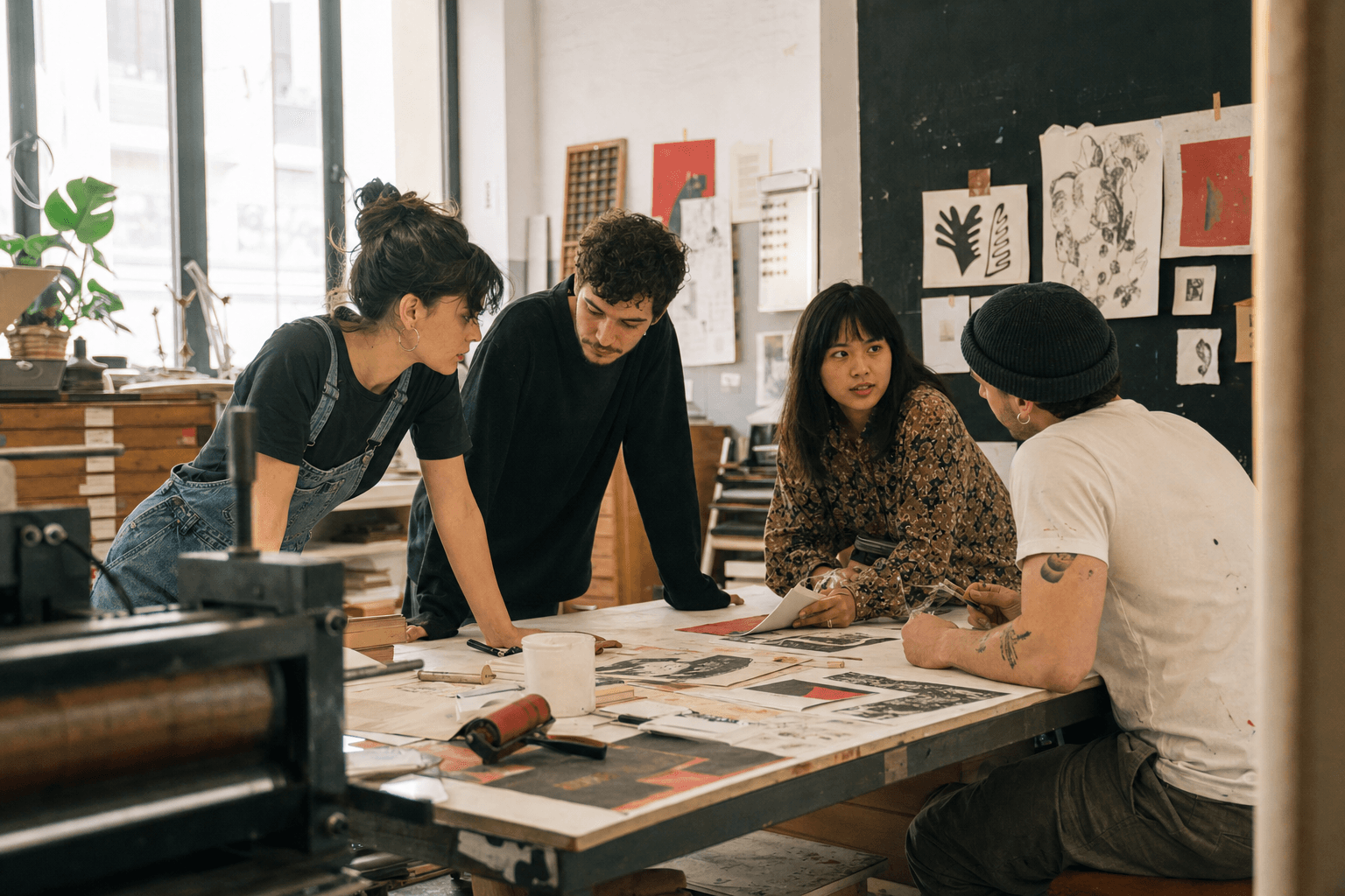 A young creative team in a print studio