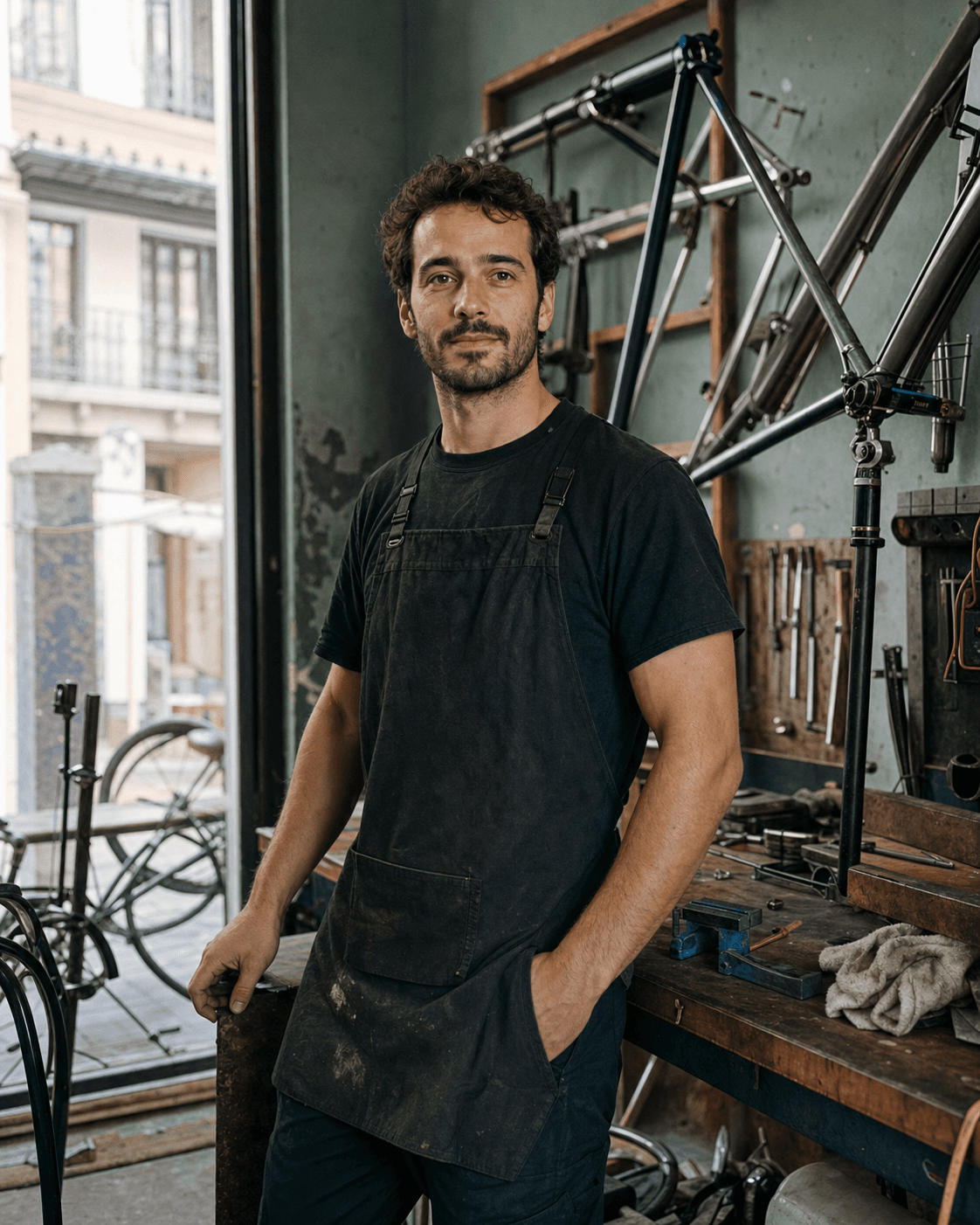 A founder with a bicycle in the city