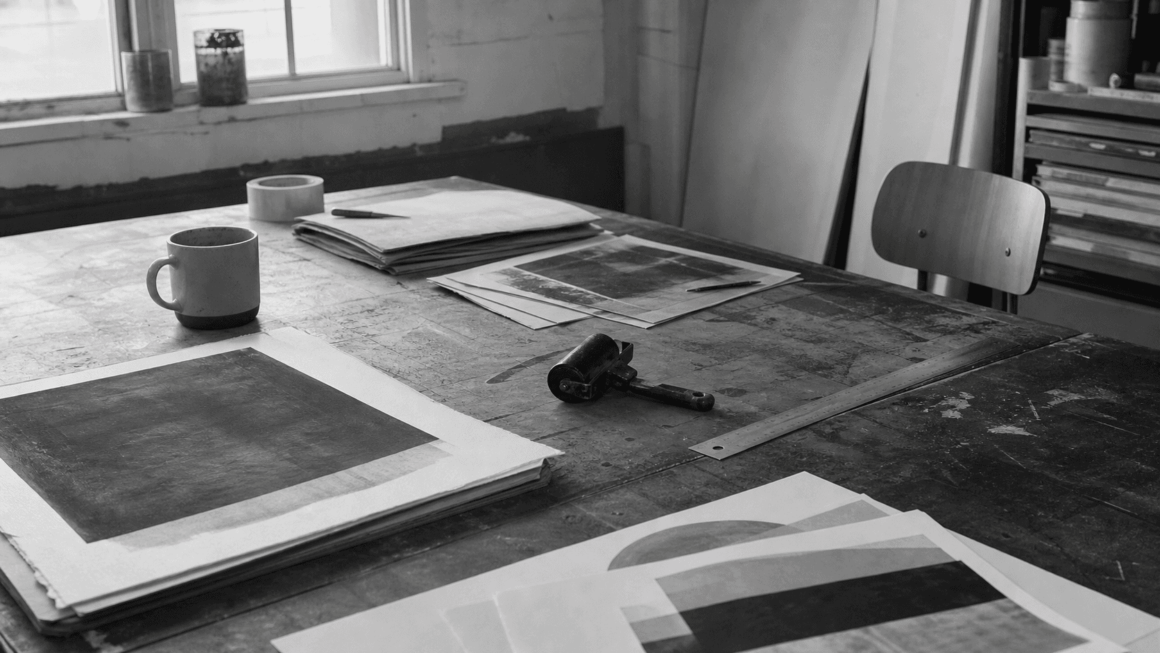 Print studio table with tools and paper