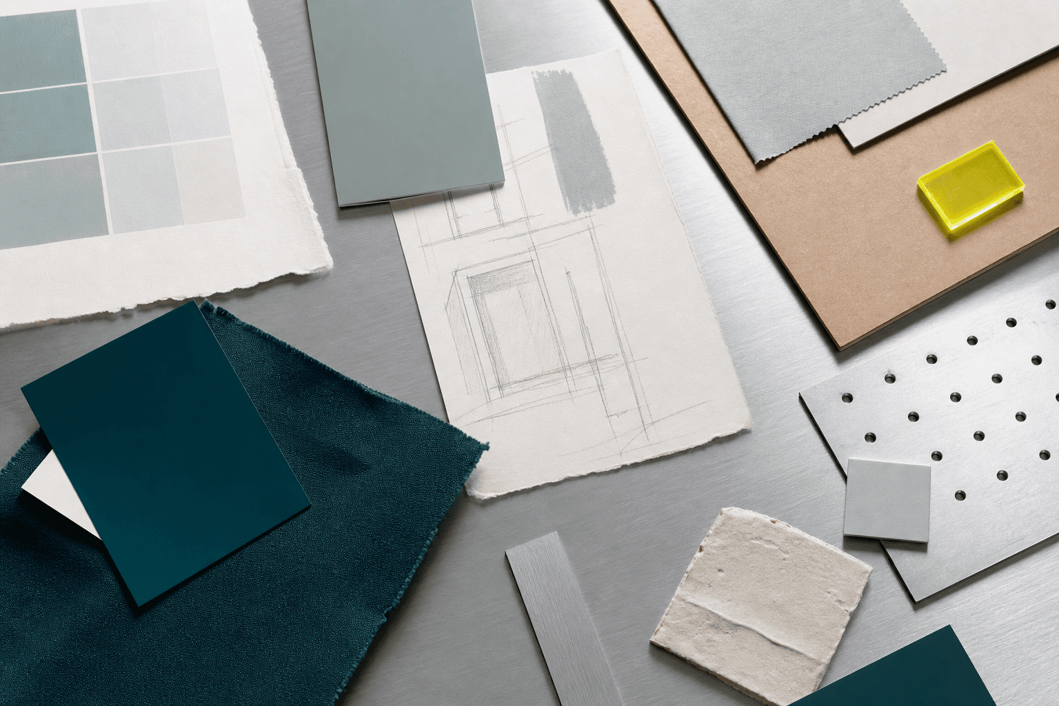 Brand materials arranged on a studio table