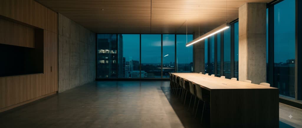 A long conference table at dusk