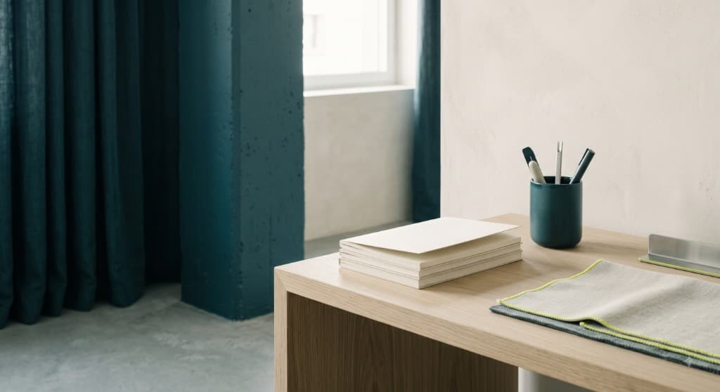 A calm desk with notebooks and a teal vessel